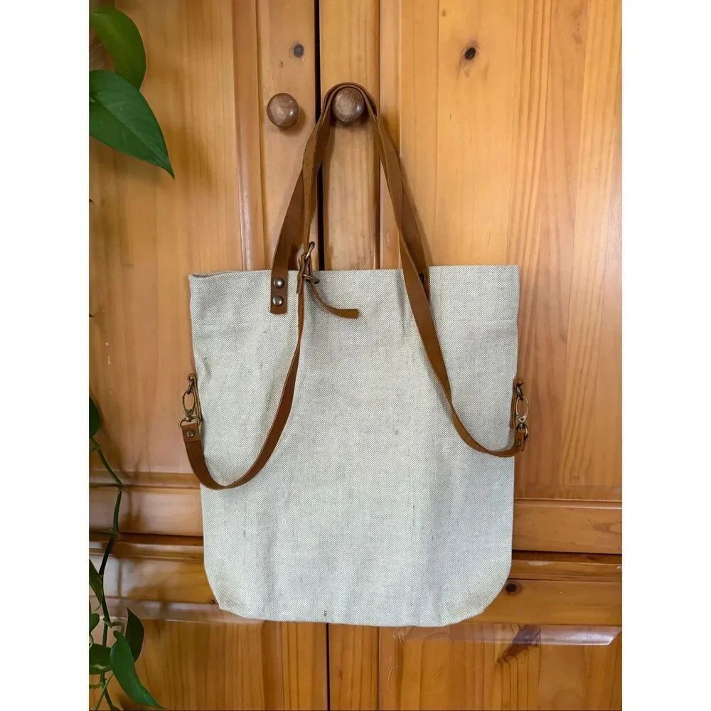 LIVTHAI Canvas Leather Foldover Tote Crossbody Beige - Picture 7 of 14